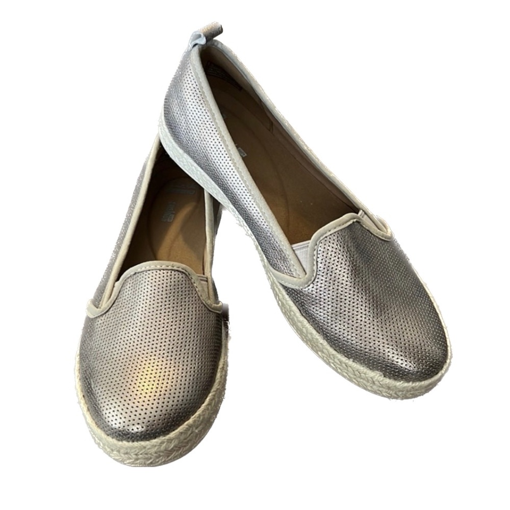 🆕🌸CLARKS AZELLA THEONI SHOES ESPADRILLES PEWTER 9W  GENUINE LEATHER NEW